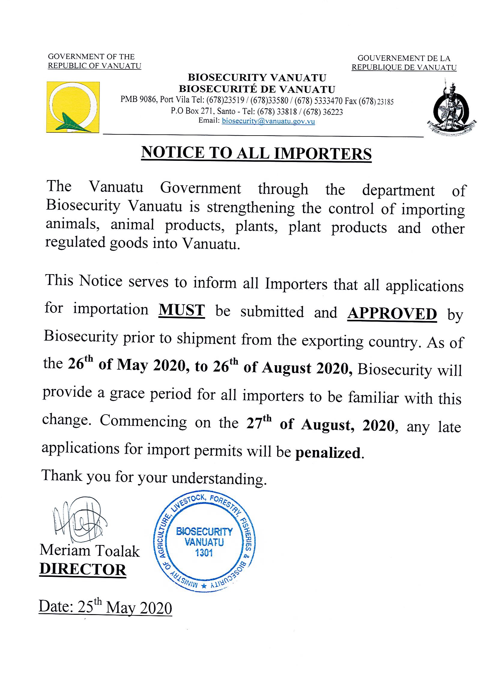Notice to all Importers and Exporters in Luganville, Santo.